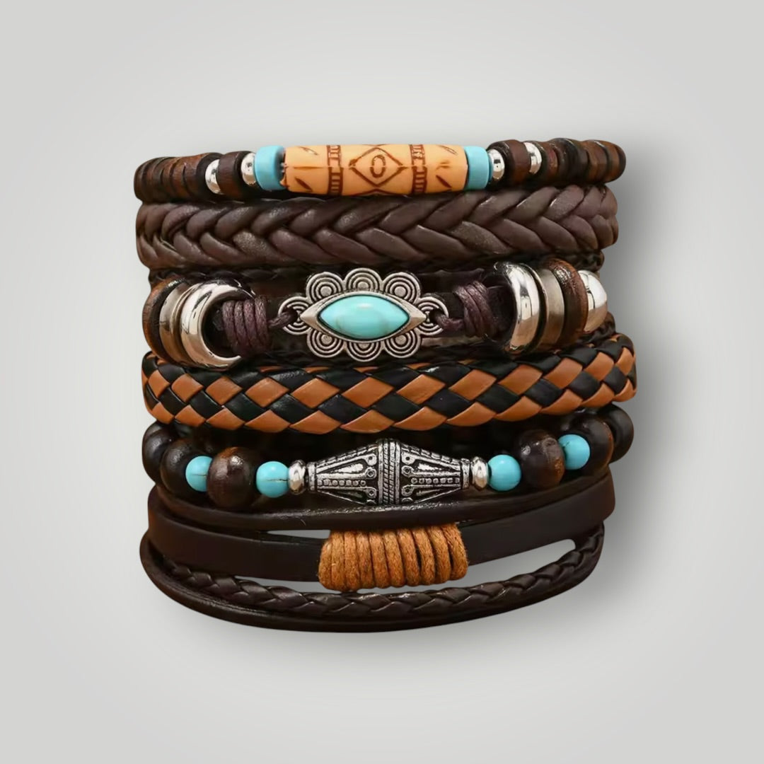 A stack of nine bohemian-style leather bracelets in various braided and woven patterns, featuring brown, tan, and black cords, turquoise beads, and silver-toned metal accents.