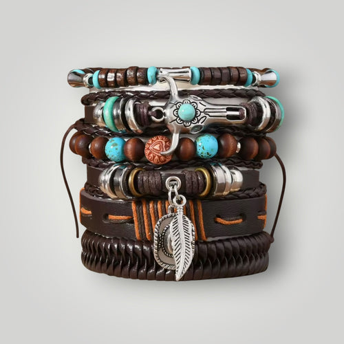 A stack of six bohemian-style bracelets on a light gray background. The bracelets feature dark brown leather, wooden beads, turquoise blue beads, silver-toned metal spacers, and a silver feather charm.