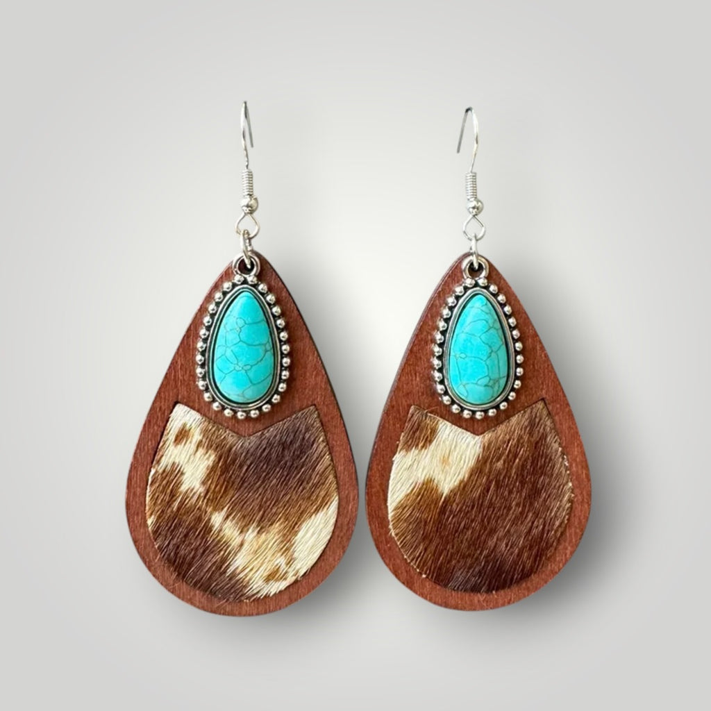 Western Turquoise Wood Teardrop Earrings
