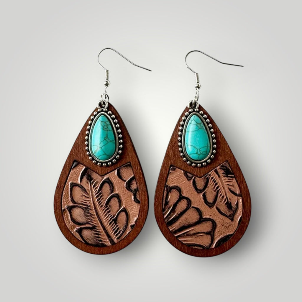 Western Turquoise Wood Teardrop Earrings