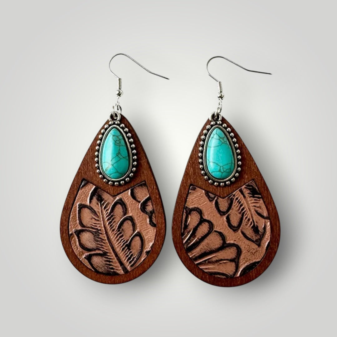 Western Turquoise Wood Teardrop Earrings
