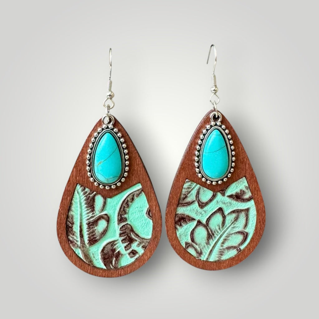 Western Turquoise Wood Teardrop Earrings