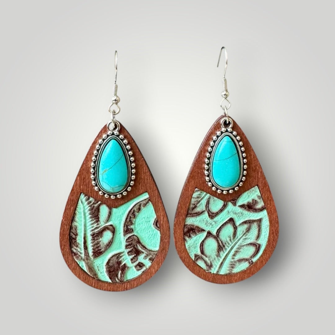 Western Turquoise Wood Teardrop Earrings