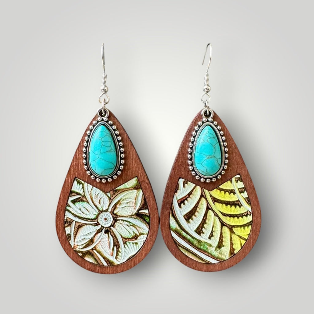 Western Turquoise Wood Teardrop Earrings
