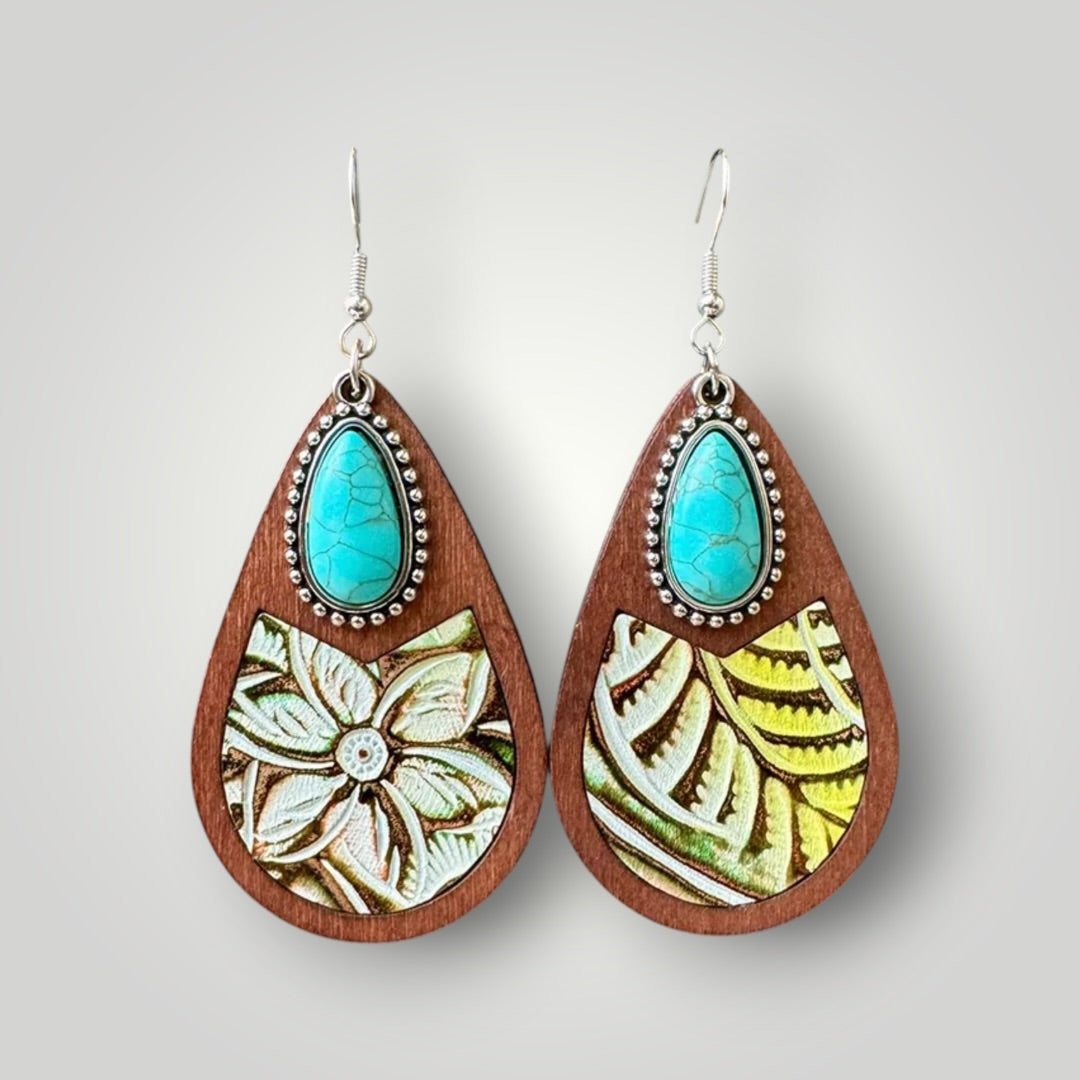 Western Turquoise Wood Teardrop Earrings
