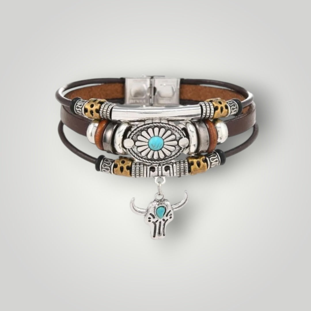 Multi Layer Leather Bull Head Turquoise Bracelet