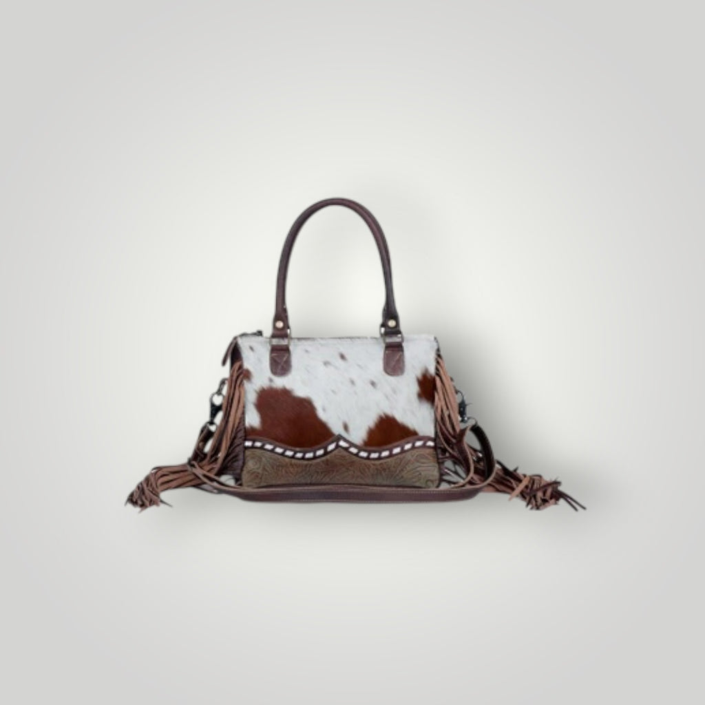 Cowhide Leather Concealed Carry Bag With Fringe and Tooled Trim Western Tote
