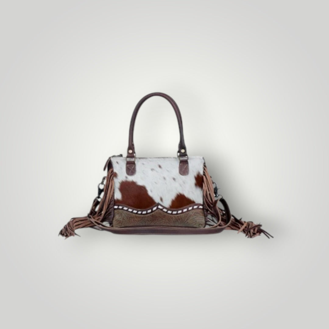 Cowhide Leather Concealed Carry Bag With Fringe and Tooled Trim Western Tote