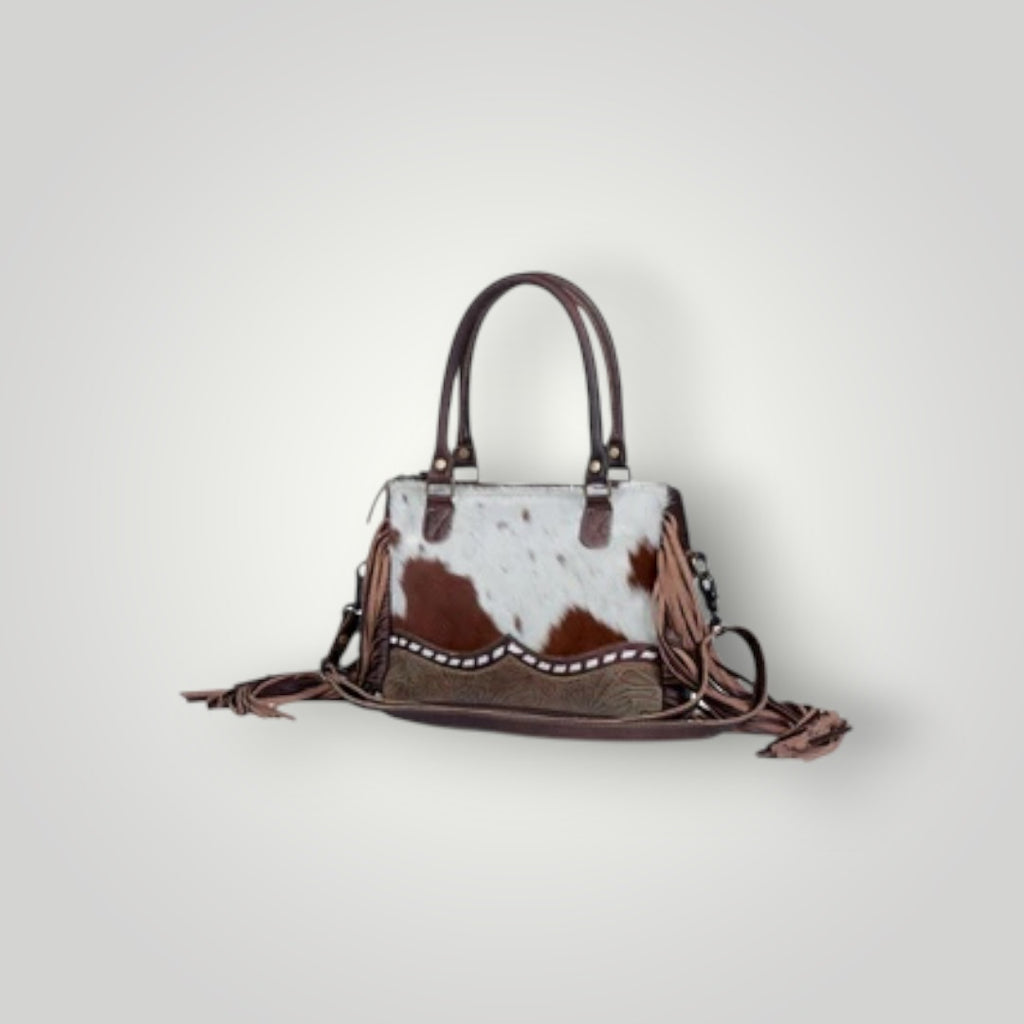 Cowhide Leather Concealed Carry Bag With Fringe and Tooled Trim Western Tote