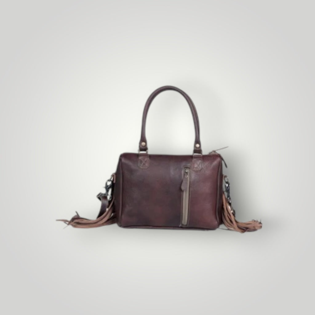 Cowhide Leather Concealed Carry Bag With Fringe and Tooled Trim Western Tote