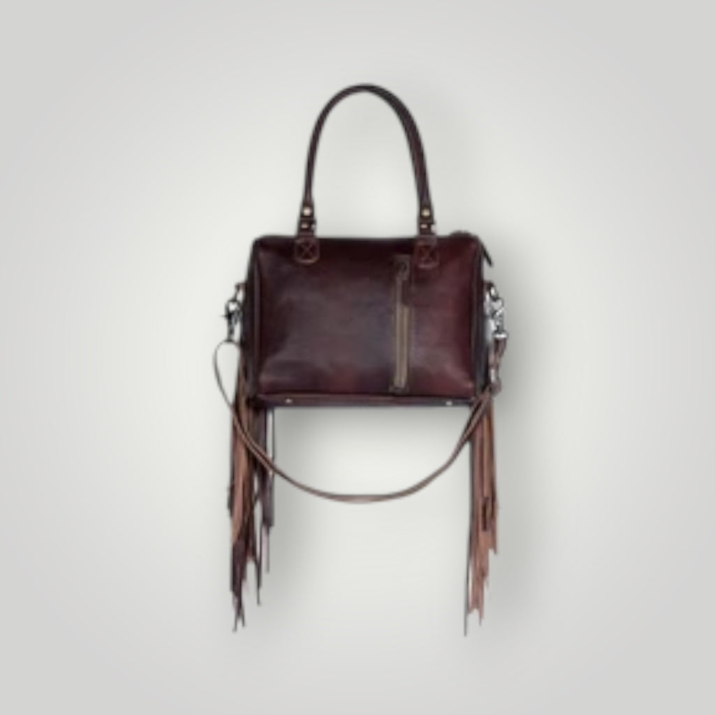 Cowhide Leather Concealed Carry Bag With Fringe and Tooled Trim Western Tote