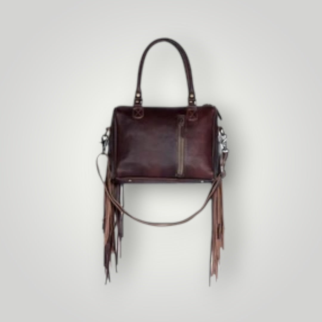 Cowhide Leather Concealed Carry Bag With Fringe and Tooled Trim Western Tote