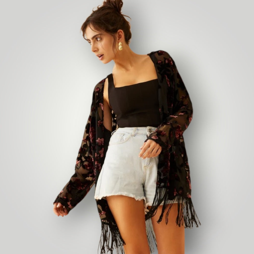 Fringe Floral Sheer Cardigan
