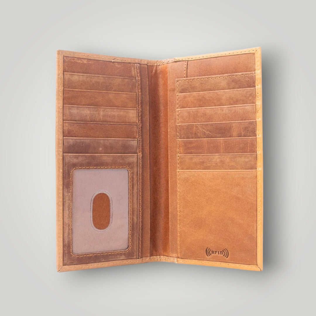 Concho Emblem Hand-Tooled Leather Wallet In Walnut Emboss