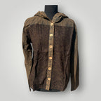 A dark brown hooded button-up shirt with a mottled pattern, displayed on a black mannequin torso against a light gray background.