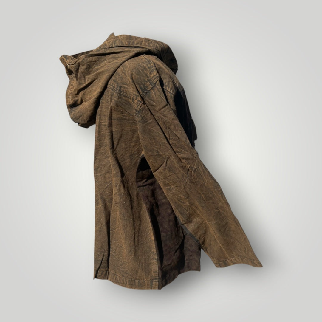 A brown hooded jacket with a distressed, textured finish, shown from a three-quarters back view against a light gray background.