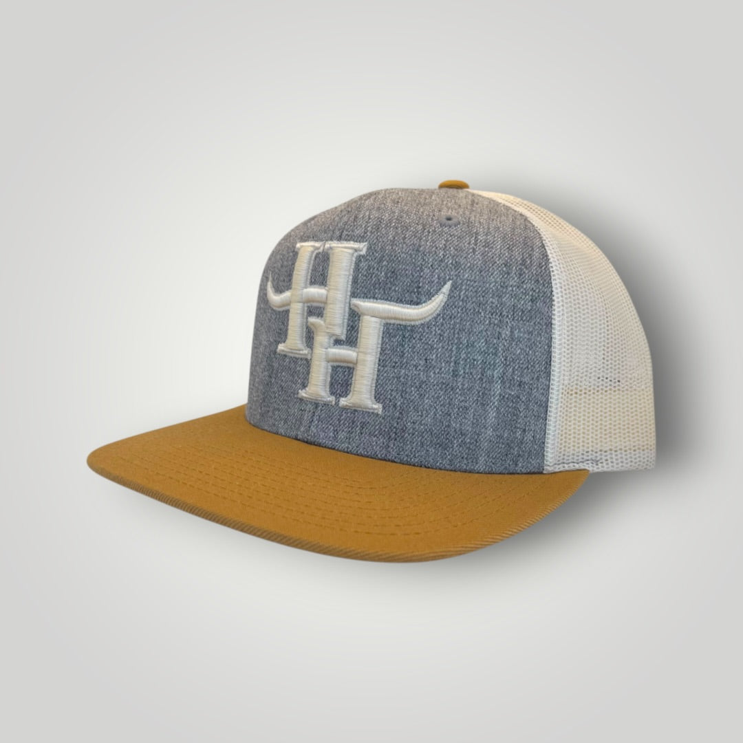 Hayy Heifer Co. Brand Wool Blend Flat Bill Trucker Hat in Heather/Birch/Buiscuit