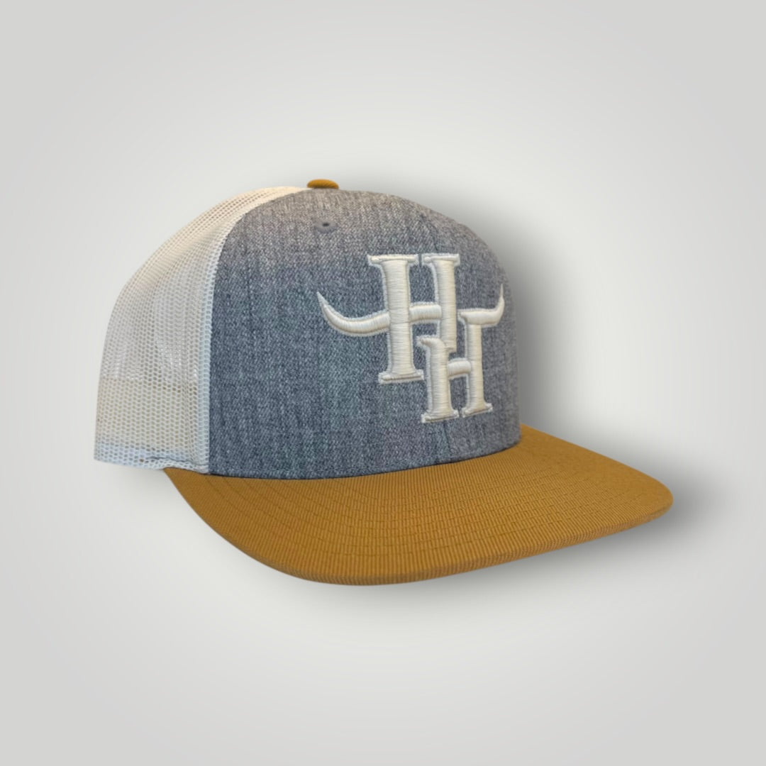 Hayy Heifer Co. Brand Wool Blend Flat Bill Trucker Hat in Heather/Birch/Buiscuit