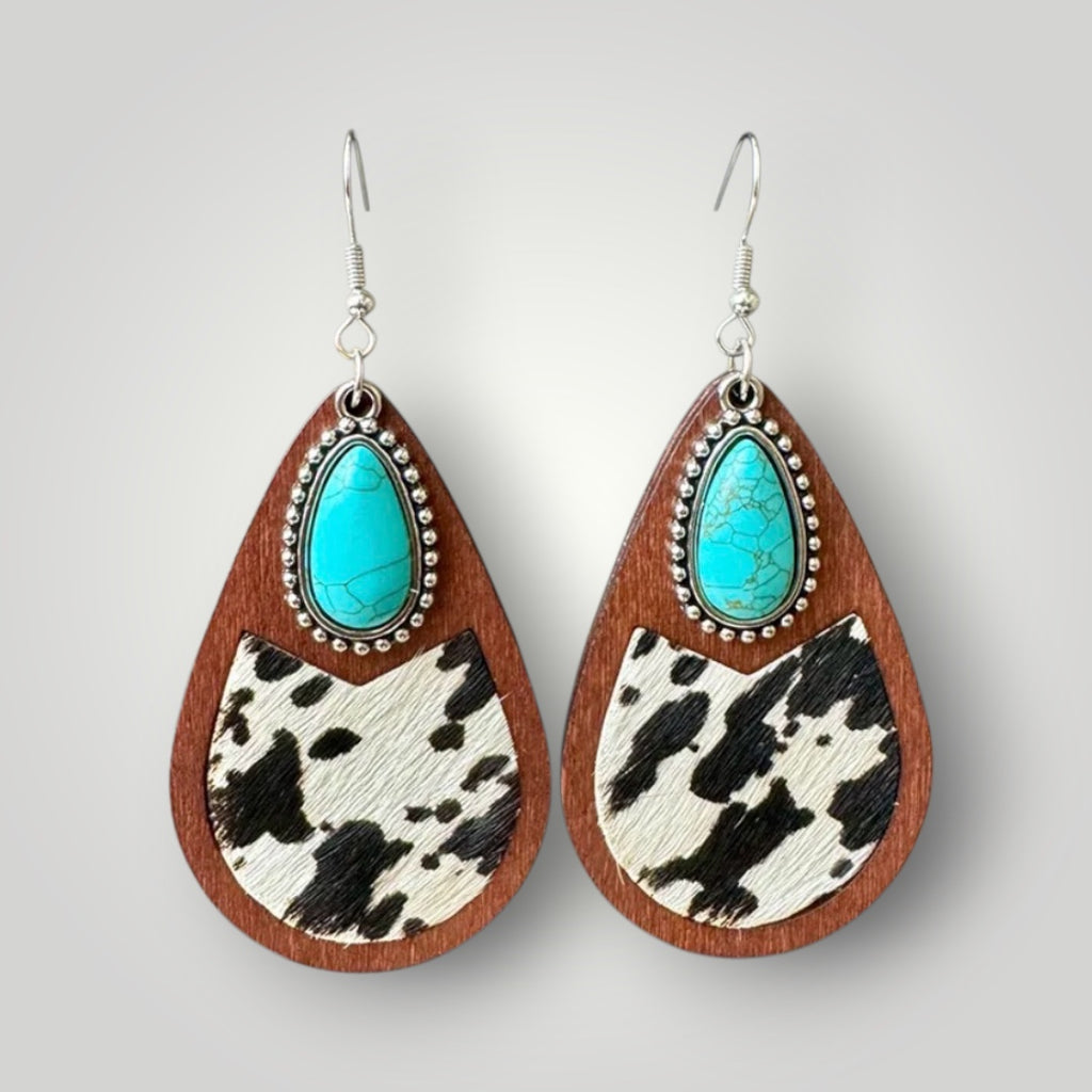 Western Turquoise Wood Teardrop Earrings