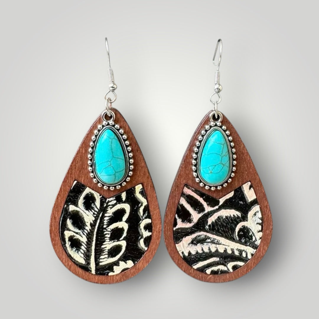 Western Turquoise Wood Teardrop Earrings