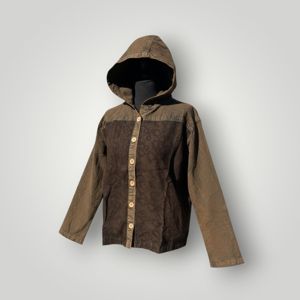 A hooded jacket displayed on a black mannequin torso against a light gray background. The jacket features a dark brown patterned front panel with a button closure and contrasting brown sleeves and hood.