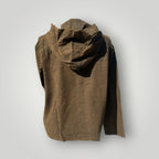 A brown crinkled hooded jacket or anorak shown from the back, displayed on a light gray background.