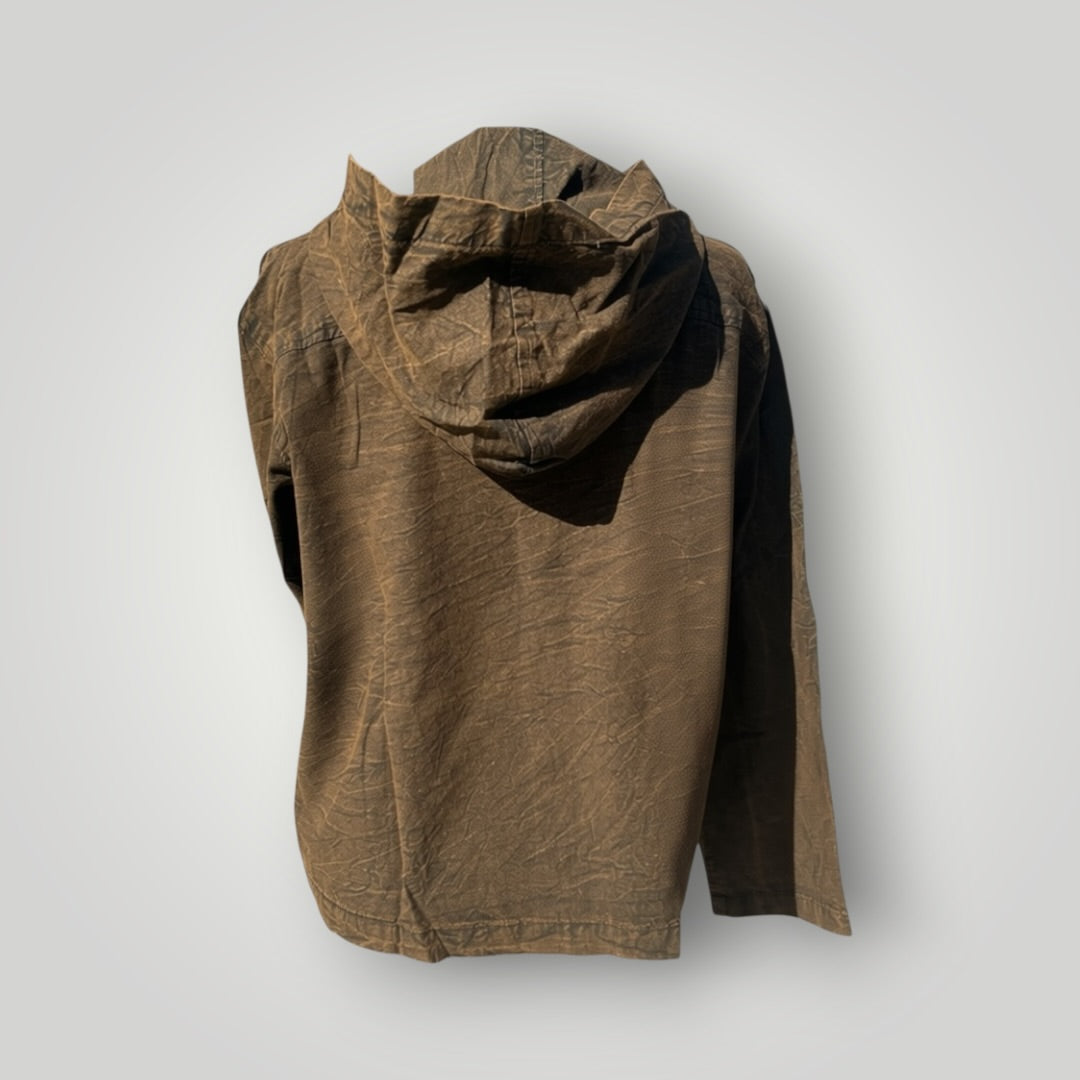 A brown crinkled hooded jacket or anorak shown from the back, displayed on a light gray background.