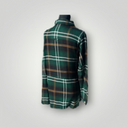 A green plaid long-sleeve flannel shirt displayed on a black mannequin torso against a light gray background.