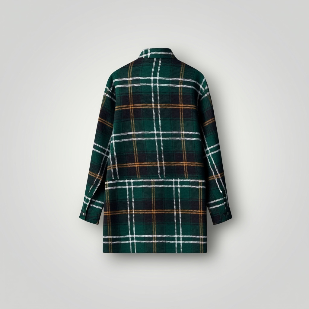 A long-sleeve plaid overshirt shown from the back, featuring a dark green base with white, yellow, and black intersecting plaid lines, set against a light gray background.