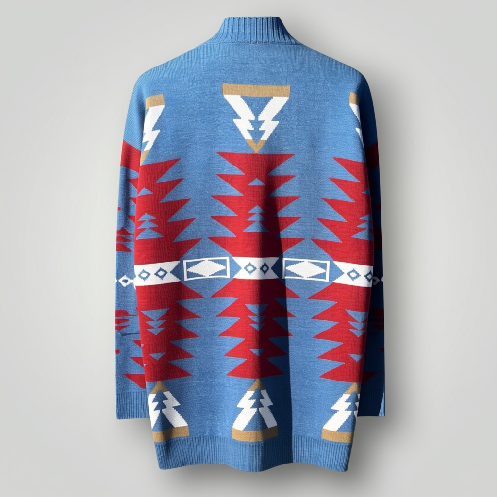 A blue knit sweater with a bold red, white, and gold geometric pattern, shown from the back against a light gray background.