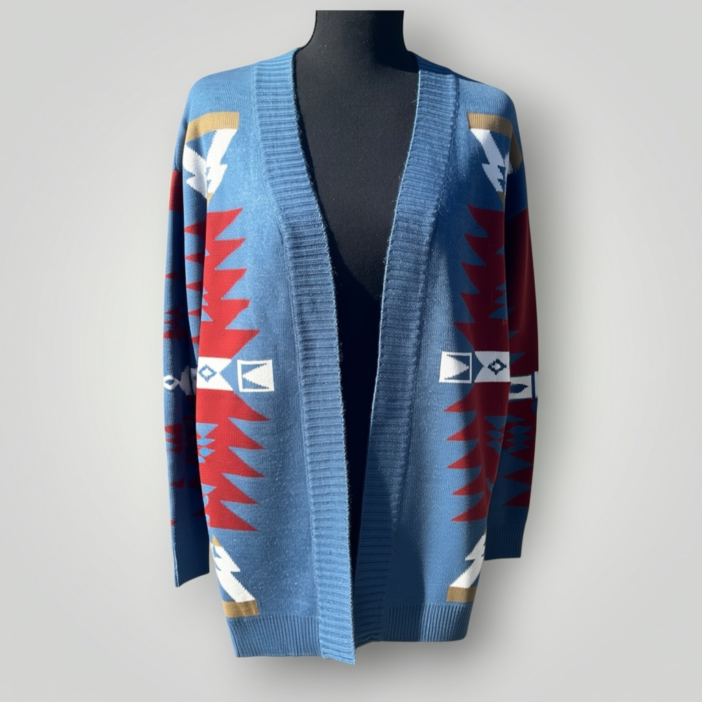 A blue open-front knit cardigan sweater with red, white, and gold geometric Southwestern-style patterns, displayed on a black mannequin torso against a light gray background.